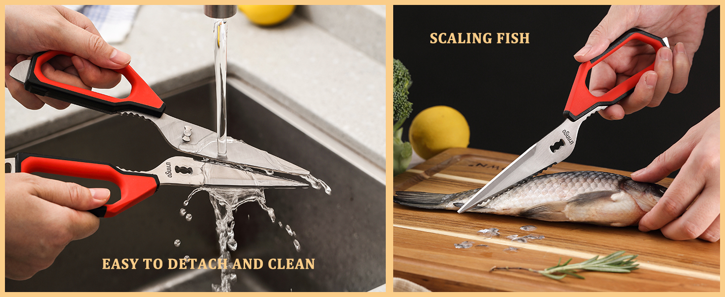 LIVINGO Kitchen Scissors Set All Purpose - Heavy Duty Stainless Steel Come Apart Food Shears for Cutting Meat, Vegetables, Dishwasher safe, 2 Pack, Red Black Multi-Function Handles