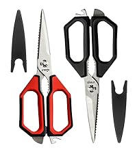 LIVINGO Kitchen Scissors Set All Purpose - Heavy Duty Stainless Steel Come Apart Food Shears for Cutting Meat, Vegetables, Dishwasher safe, 2 Pack, Red Black Multi-Function Handles
