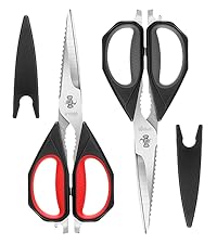 LIVINGO Kitchen Scissors Set All Purpose - Heavy Duty Stainless Steel Come Apart Food Shears for Cutting Meat, Vegetables, Dishwasher safe, 2 Pack, Red Black Multi-Function Handles