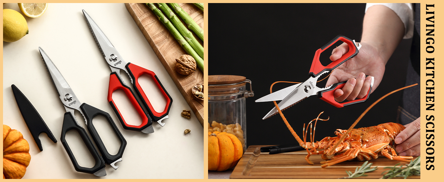 LIVINGO Kitchen Scissors Set All Purpose - Heavy Duty Stainless Steel Come Apart Food Shears for Cutting Meat, Vegetables, Dishwasher safe, 2 Pack, Red Black Multi-Function Handles
