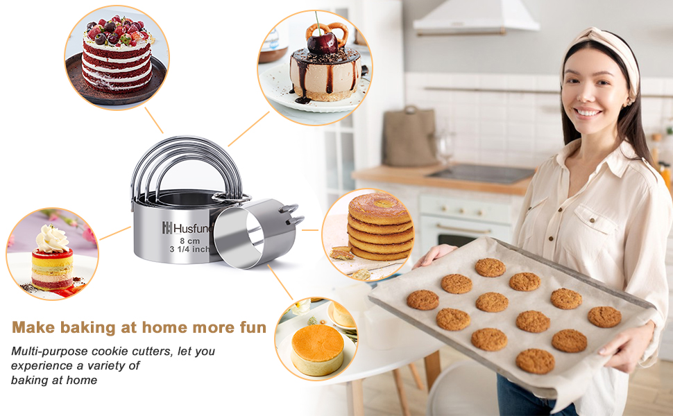 Biscuit Cutter Set Round Cookie Cutters with Handle 5 Pieces Stainless Steel Circle Professional Baking Dough Tools for Cake