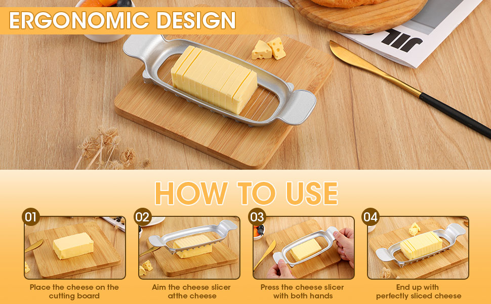 Stainless Steel Butter Slicer Cutter with Ergonomic Handle, Metal Butter Stick Slicer for Single Stick Butter, Wire Cutter for Even Slices, Also Cuts Soft Cheese and Eggs