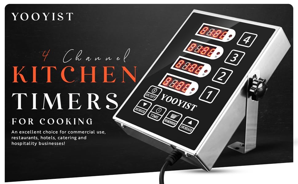 Precision Kitchen Timers for Cooking – 4 Channel Commercial Kitchen Timer Restaurant Kitchen Supplies – Stainless Steel Digital LED Chef Cooking Timer – Reminder Function, Loud Alarm, Grey