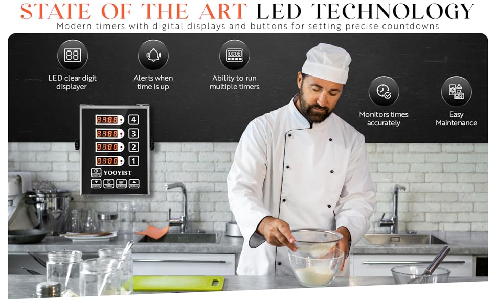Precision Kitchen Timers for Cooking – 4 Channel Commercial Kitchen Timer Restaurant Kitchen Supplies – Stainless Steel Digital LED Chef Cooking Timer – Reminder Function, Loud Alarm, Grey