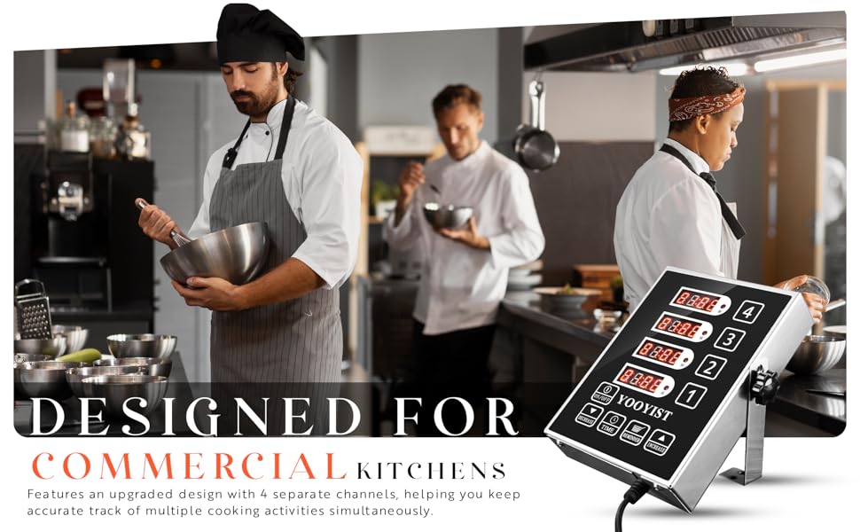 Precision Kitchen Timers for Cooking – 4 Channel Commercial Kitchen Timer Restaurant Kitchen Supplies – Stainless Steel Digital LED Chef Cooking Timer – Reminder Function, Loud Alarm, Grey