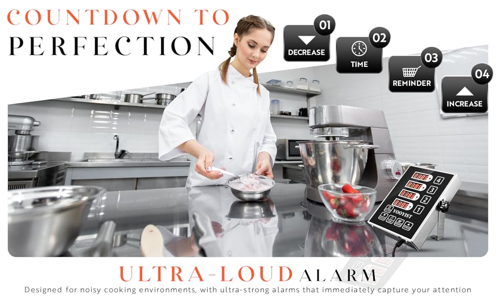 Precision Kitchen Timers for Cooking – 4 Channel Commercial Kitchen Timer Restaurant Kitchen Supplies – Stainless Steel Digital LED Chef Cooking Timer – Reminder Function, Loud Alarm, Grey