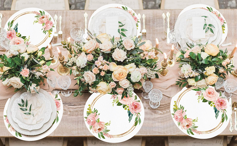 50 Pack Paper Placemats Disposable Pink Floral Wedding Disposable Placemats 13.7 Inch Rose Floral Round Place Mats Spring Summer Table Mats for Birthday Wedding Anniversary Bride Party Supplies