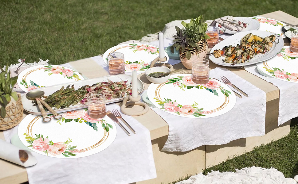 50 Pack Paper Placemats Disposable Pink Floral Wedding Disposable Placemats 13.7 Inch Rose Floral Round Place Mats Spring Summer Table Mats for Birthday Wedding Anniversary Bride Party Supplies