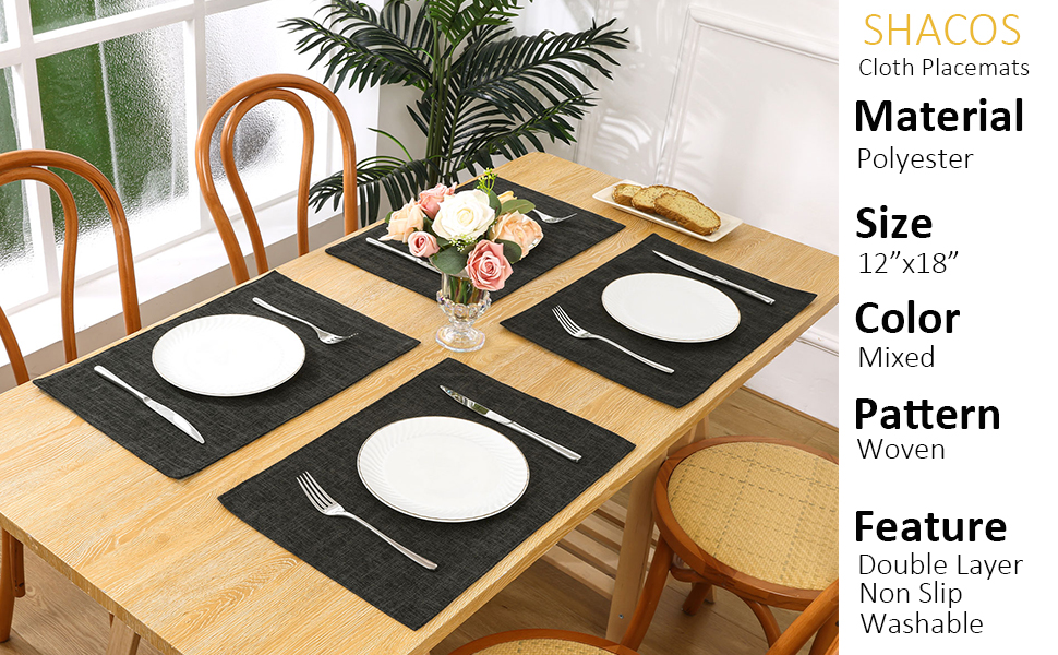 SHACOS Washable Cloth Placemats Set of 4 Cotton Linen Double Layer Thickened Machine Washable Table Mats Non Slip Heat Resistant Fabric Place Mats for Dining Table, Black