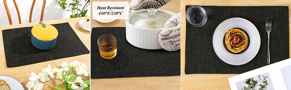 SHACOS Washable Cloth Placemats Set of 4 Cotton Linen Double Layer Thickened Machine Washable Table Mats Non Slip Heat Resistant Fabric Place Mats for Dining Table, Black