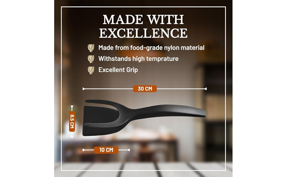 2 in 1 Flipper Spatula with tongs - Nylon Easy Grip Flip Spatula for Hash browns, Burgers, Steaks, French Toast, Omelets, Pancakes - Non-Stick Head, Ergonomic Handle, Withstands High Temperatures