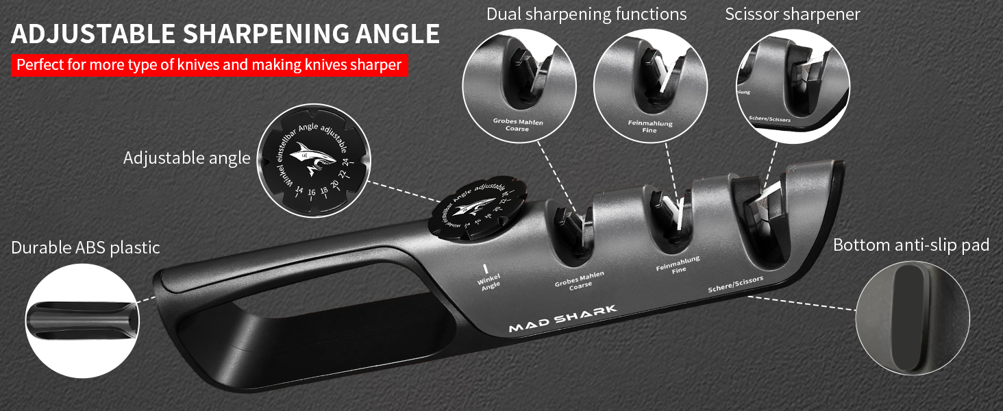 MAD SHARK Knife Sharpener, 6 Adjustable Sharpening Angle, Coarse & Fine Knife Sharpener Tool, Handheld Manual Knives Sharpener for Kitchen Knives, Pocket , Scissors, LARGE, Black