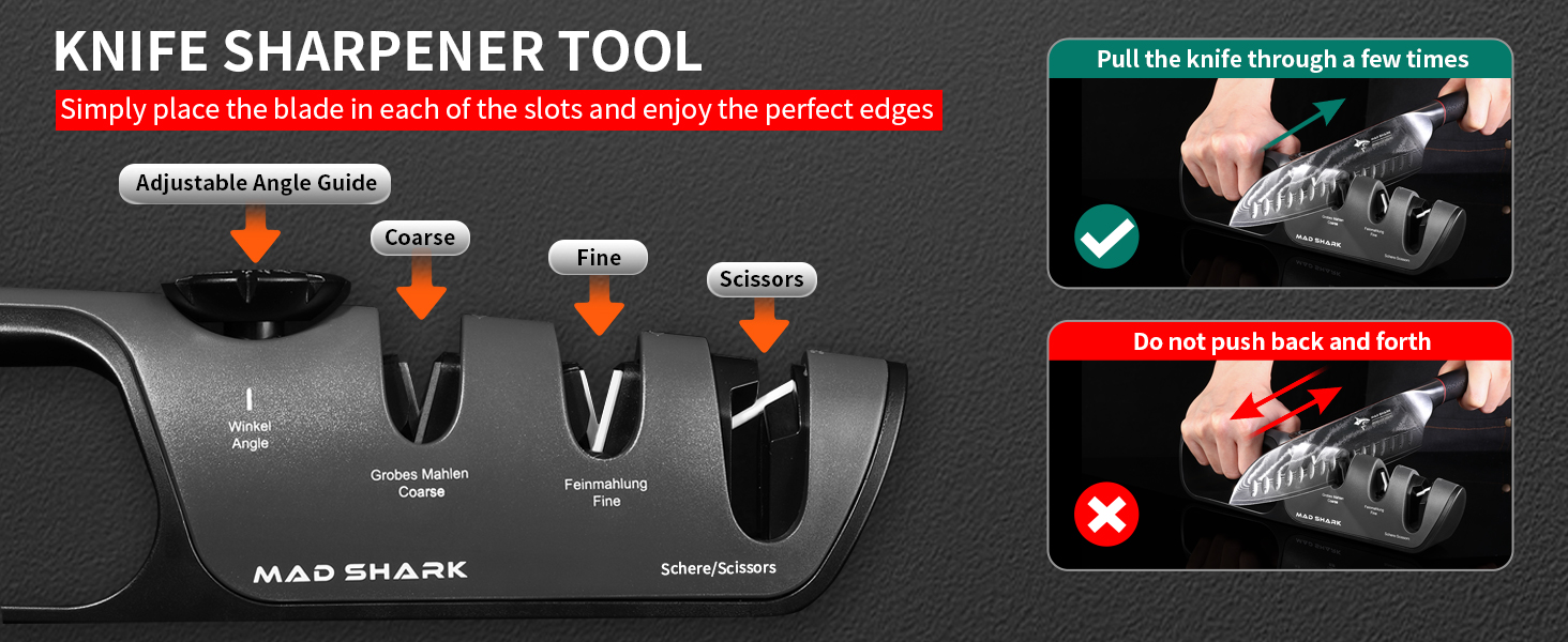 MAD SHARK Knife Sharpener, 6 Adjustable Sharpening Angle, Coarse & Fine Knife Sharpener Tool, Handheld Manual Knives Sharpener for Kitchen Knives, Pocket , Scissors, LARGE, Black