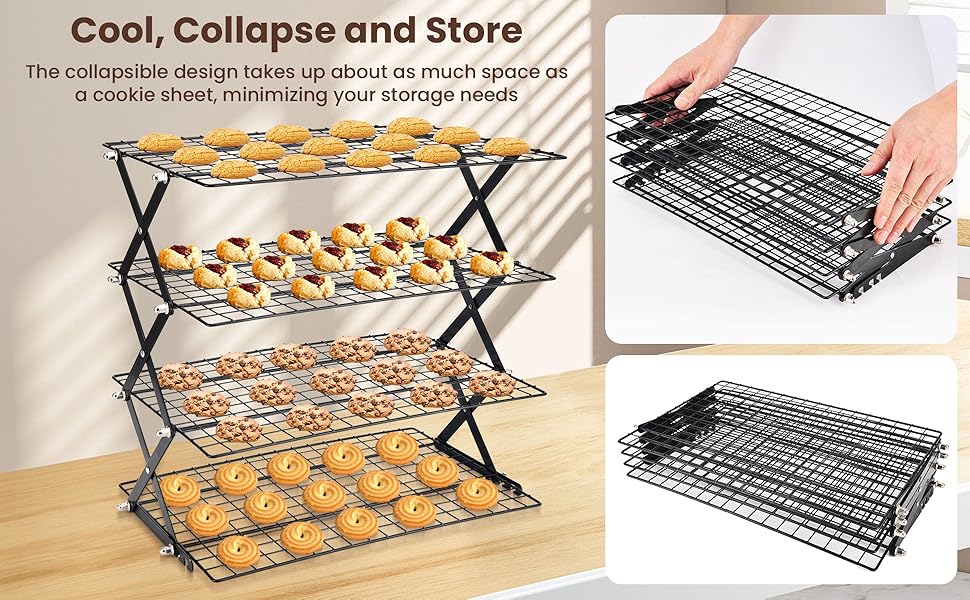 2/3/4-Tier collapsible cooling rack for baking,Folding Cooling Grid,Adjustable Stackable Roasting Cooking Drying Wire Cooling Rack for Cookies Baking