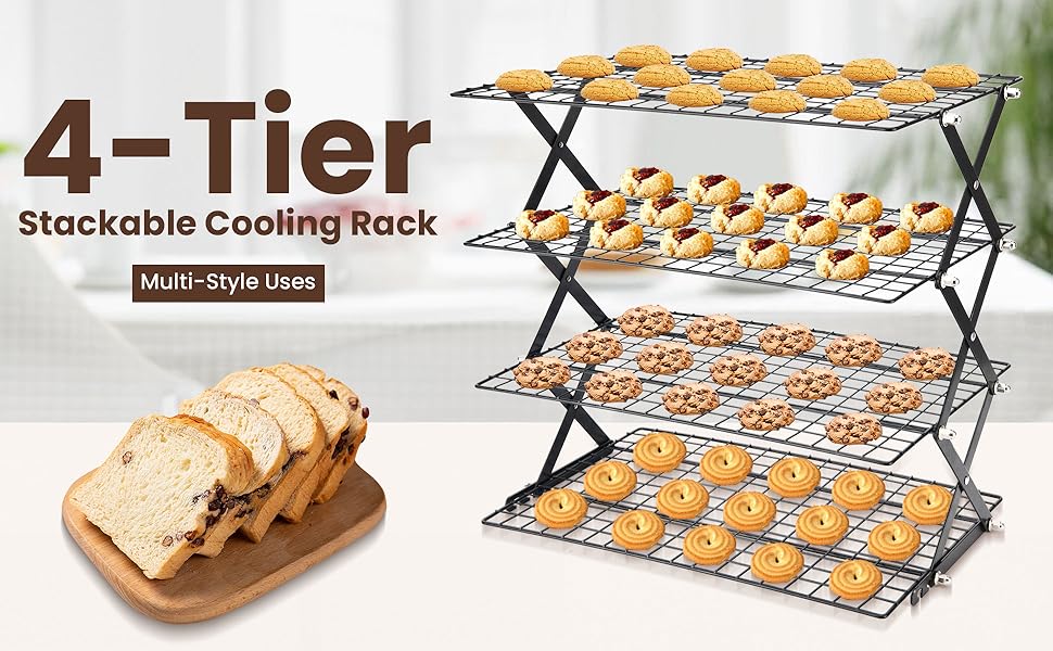 2/3/4-Tier collapsible cooling rack for baking,Folding Cooling Grid,Adjustable Stackable Roasting Cooking Drying Wire Cooling Rack for Cookies Baking