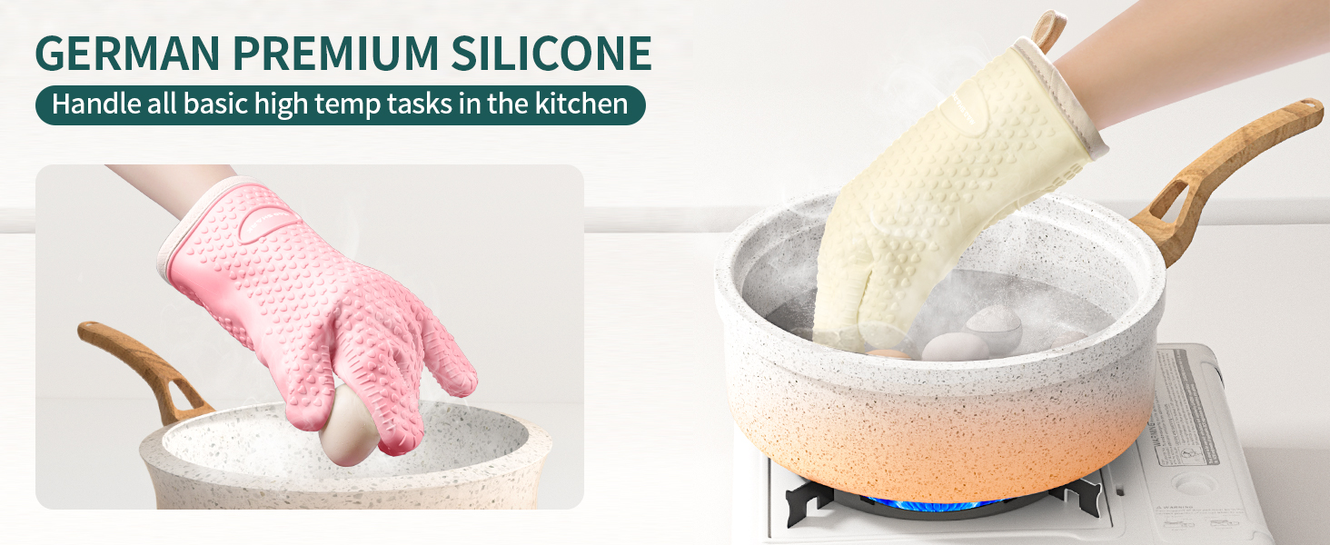 MAD SHARK Silicone Oven Mitts Heat Resistant 450 Degrees,Waterproof & Non-Slip Oven Gloves with Fingers,Cotton Lined Silicone Oven Gloves Kitchen Mitts for Baking Cooking Barbecue,Women (Green)