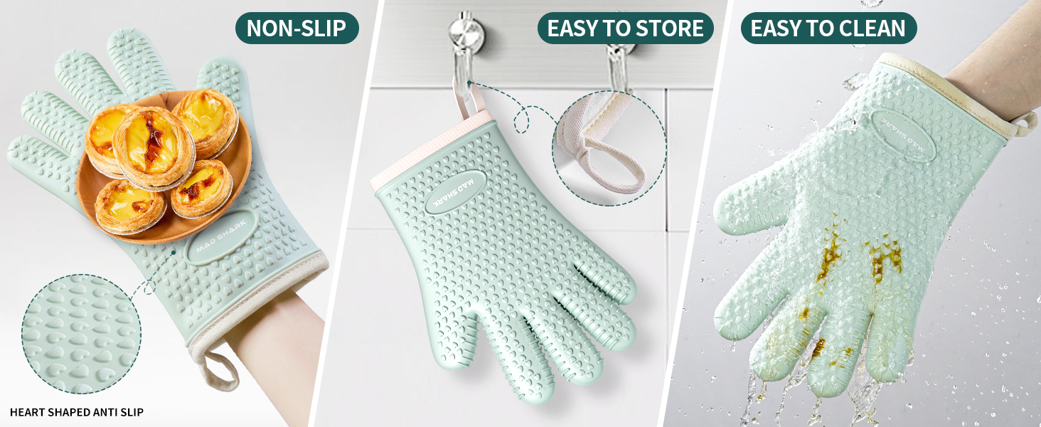 MAD SHARK Silicone Oven Mitts Heat Resistant 450 Degrees,Waterproof & Non-Slip Oven Gloves with Fingers,Cotton Lined Silicone Oven Gloves Kitchen Mitts for Baking Cooking Barbecue,Women (Green)