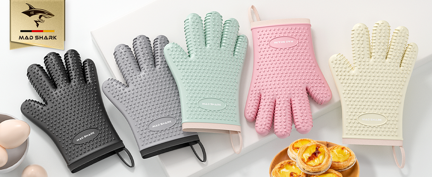 MAD SHARK Silicone Oven Mitts Heat Resistant 450 Degrees,Waterproof & Non-Slip Oven Gloves with Fingers,Cotton Lined Silicone Oven Gloves Kitchen Mitts for Baking Cooking Barbecue,Women (Green)