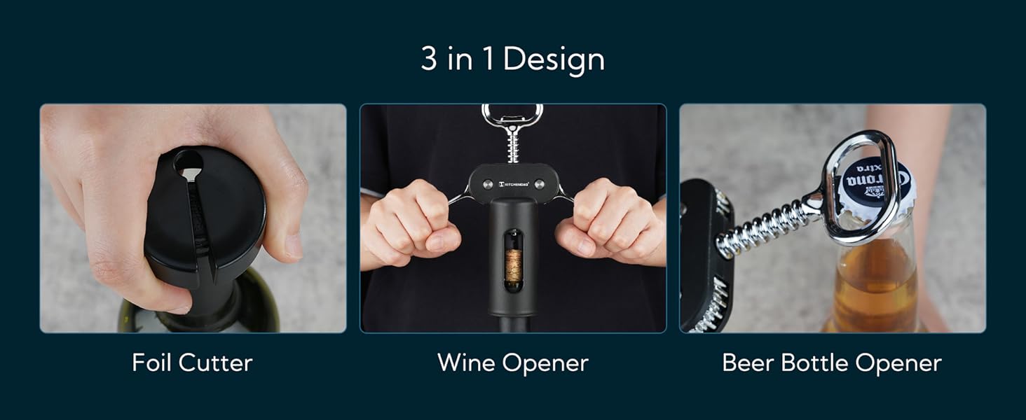 KITCHENDAO 3 in 1 Wing Corkscrew Wine Bottle Opener with Foil Cutter, Built-in Beer Bottle Opener, Multifunctional Wine Opener with Non-Stick Sharp Screw, Easy to Use, Manual Wine Corkscrew, Black