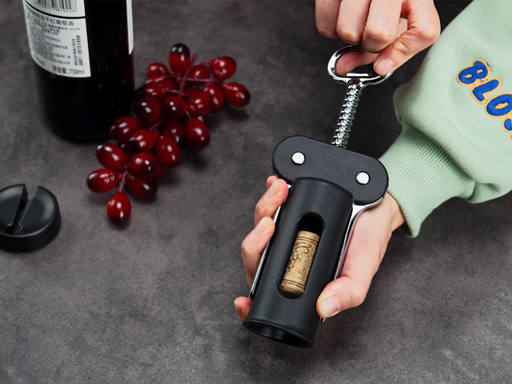 KITCHENDAO 3 in 1 Wing Corkscrew Wine Bottle Opener with Foil Cutter, Built-in Beer Bottle Opener, Multifunctional Wine Opener with Non-Stick Sharp Screw, Easy to Use, Manual Wine Corkscrew, Black
