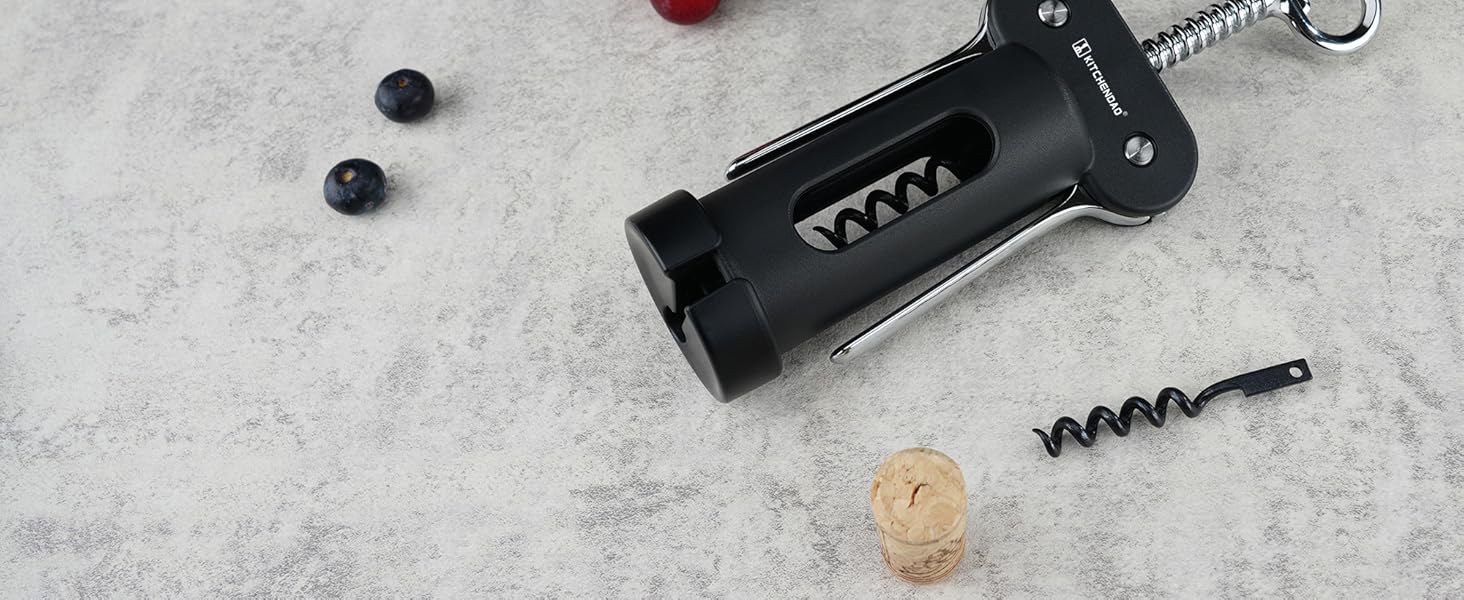 KITCHENDAO 3 in 1 Wing Corkscrew Wine Bottle Opener with Foil Cutter, Built-in Beer Bottle Opener, Multifunctional Wine Opener with Non-Stick Sharp Screw, Easy to Use, Manual Wine Corkscrew, Black