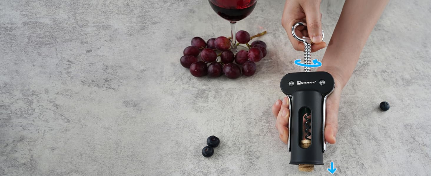 KITCHENDAO 3 in 1 Wing Corkscrew Wine Bottle Opener with Foil Cutter, Built-in Beer Bottle Opener, Multifunctional Wine Opener with Non-Stick Sharp Screw, Easy to Use, Manual Wine Corkscrew, Black