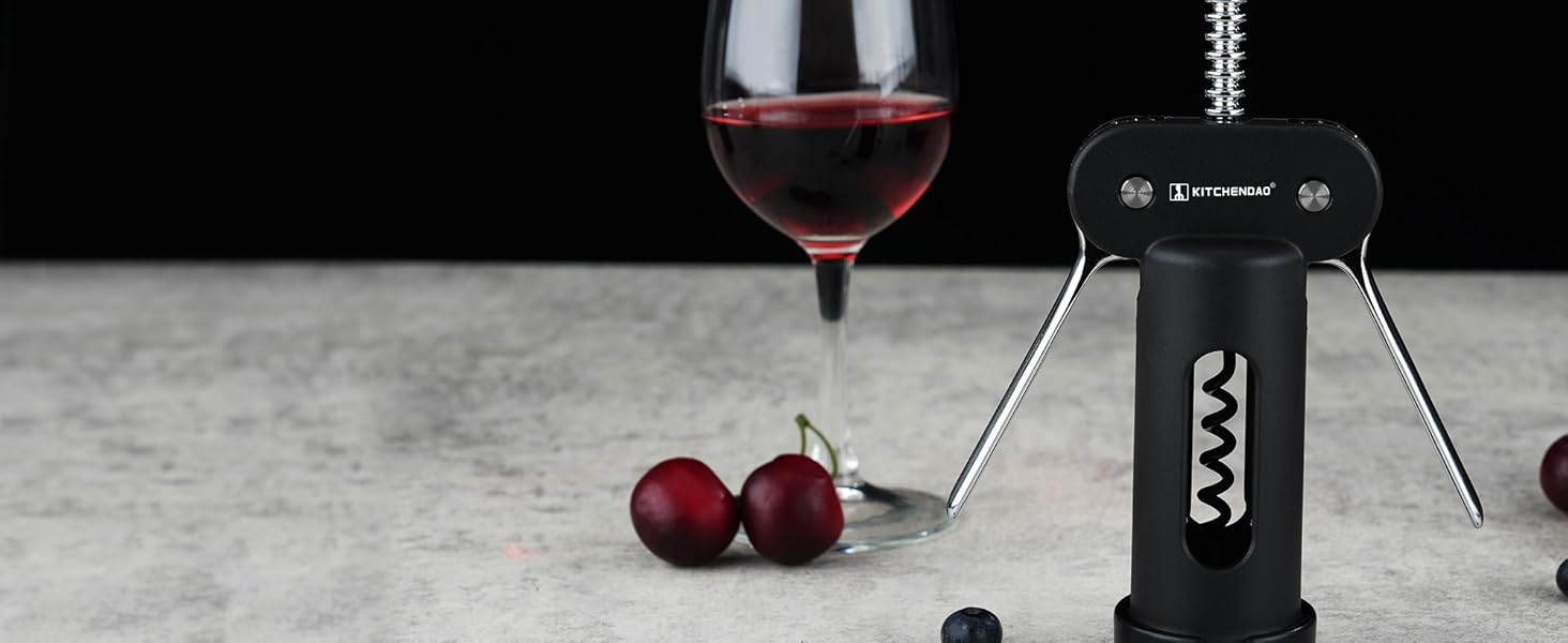 KITCHENDAO 3 in 1 Wing Corkscrew Wine Bottle Opener with Foil Cutter, Built-in Beer Bottle Opener, Multifunctional Wine Opener with Non-Stick Sharp Screw, Easy to Use, Manual Wine Corkscrew, Black