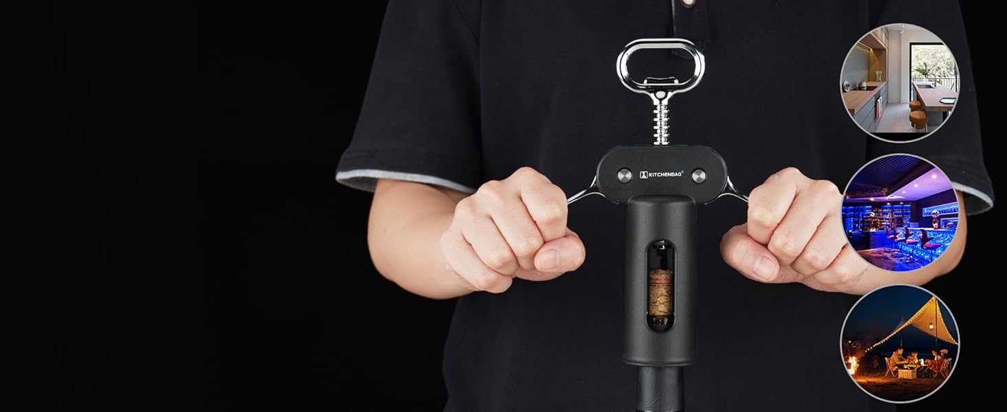 KITCHENDAO 3 in 1 Wing Corkscrew Wine Bottle Opener with Foil Cutter, Built-in Beer Bottle Opener, Multifunctional Wine Opener with Non-Stick Sharp Screw, Easy to Use, Manual Wine Corkscrew, Black