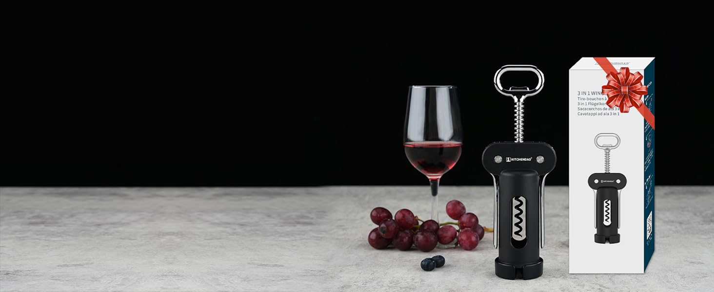 KITCHENDAO 3 in 1 Wing Corkscrew Wine Bottle Opener with Foil Cutter, Built-in Beer Bottle Opener, Multifunctional Wine Opener with Non-Stick Sharp Screw, Easy to Use, Manual Wine Corkscrew, Black