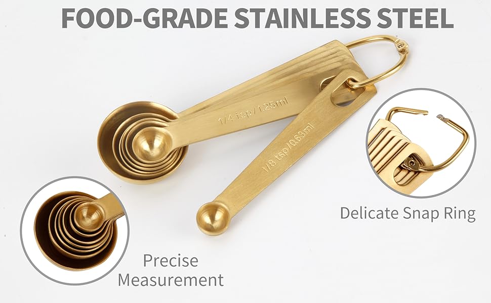 Measuring Spoons,304 Stainless Steel Measuring Cups & Spoon Set of 7 Piece:1Tbsp&1/2Tbsp,1tsp,3/4tsp,1/2tsp,1/4tsp,1/8tsp Teaspoon Coffee Scoop Tablespoon for Dry and Liquid Ingredients,Gold