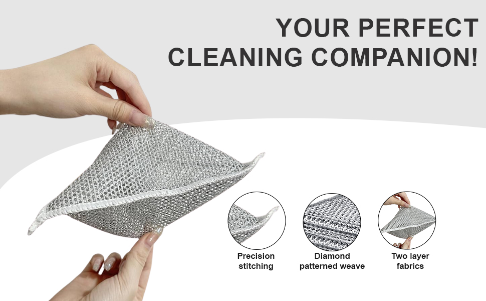 Silver Mesh Dish Cloths (3 Layer) – Non Scratch, Odor Free, Quick Dry Wire Cleaning Pads for Sinks, Dishes, Stove Top | Multipurpose Reusable Metal Scrubbers | 10 Pack
