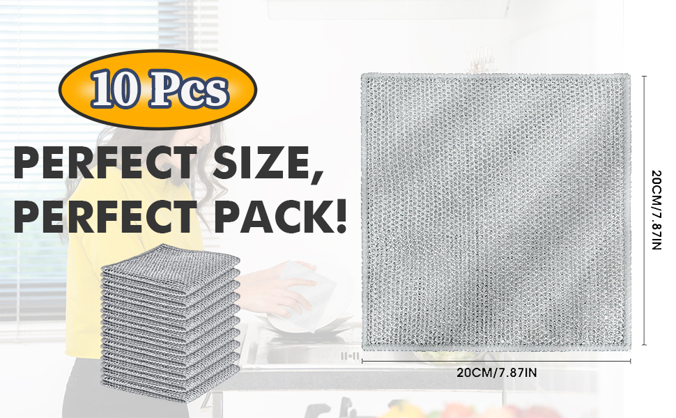 Silver Mesh Dish Cloths (3 Layer) – Non Scratch, Odor Free, Quick Dry Wire Cleaning Pads for Sinks, Dishes, Stove Top | Multipurpose Reusable Metal Scrubbers | 10 Pack