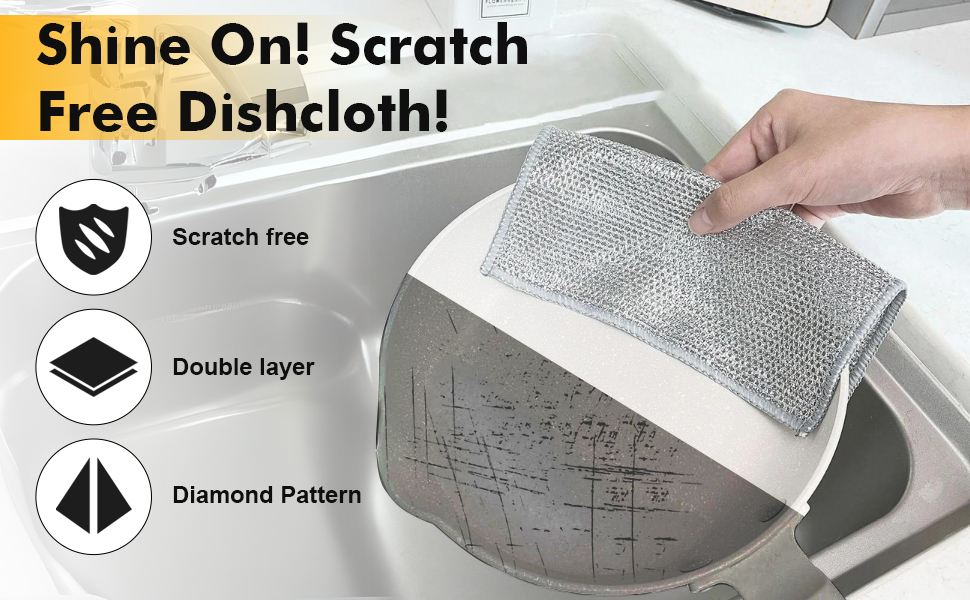 Silver Mesh Dish Cloths (3 Layer) – Non Scratch, Odor Free, Quick Dry Wire Cleaning Pads for Sinks, Dishes, Stove Top | Multipurpose Reusable Metal Scrubbers | 10 Pack