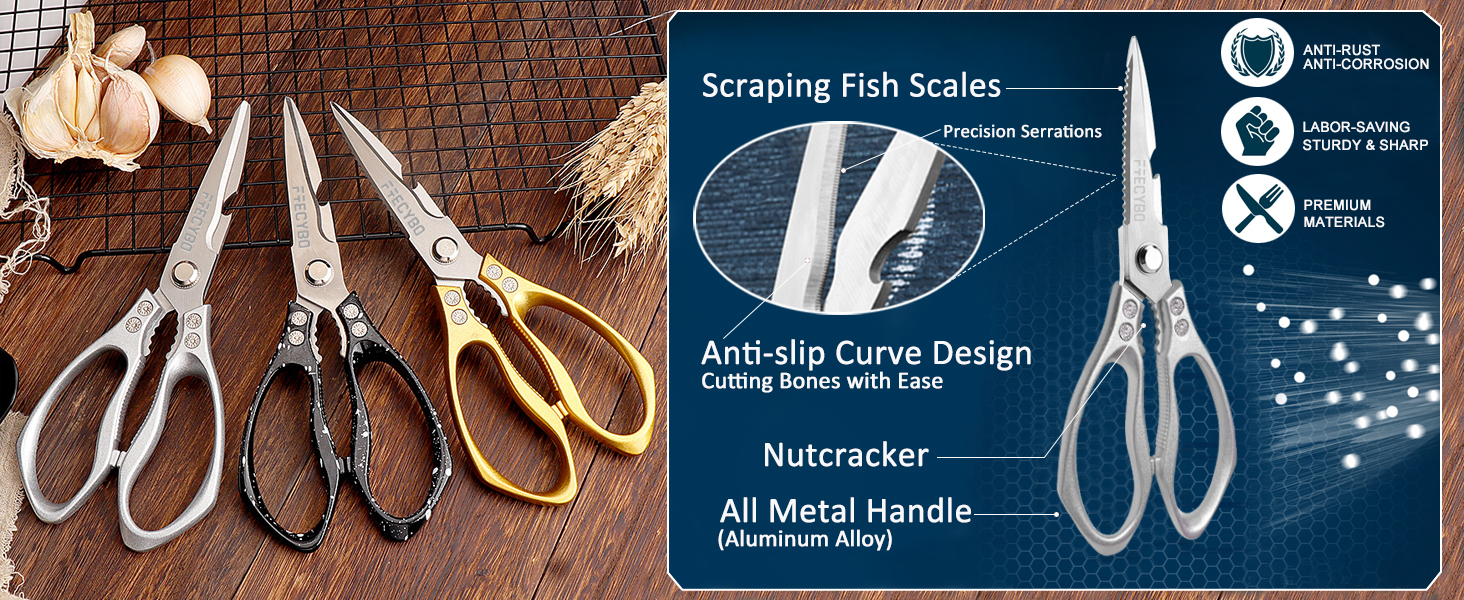 All Purpose Heavy Duty Shears, 2-Pack Kitchen Scissors for Food, Metal Handle Stainless Steel Cooking Scissors for Kitchen, Chicken, Fish, Meat, Poultry, Herbs (Silver)