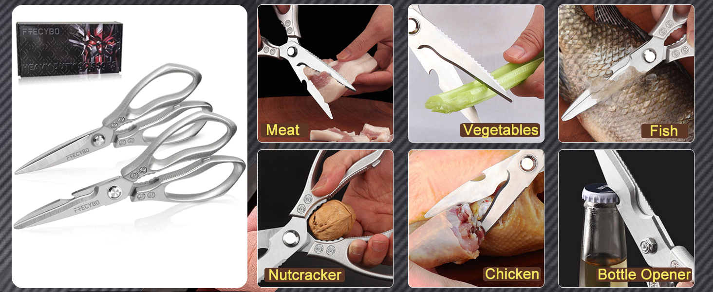 All Purpose Heavy Duty Shears, 2-Pack Kitchen Scissors for Food, Metal Handle Stainless Steel Cooking Scissors for Kitchen, Chicken, Fish, Meat, Poultry, Herbs (Silver)