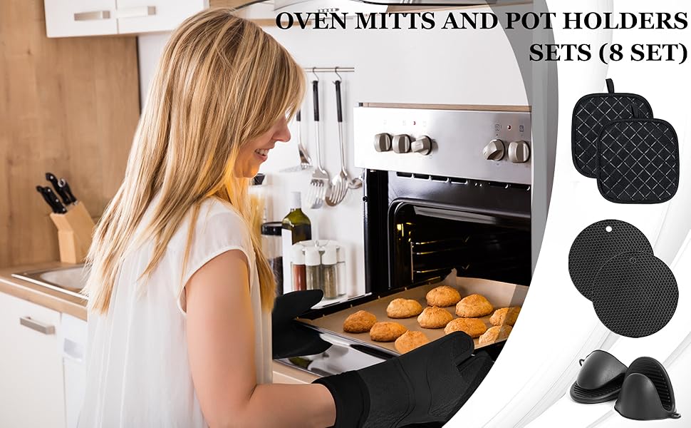 8PCS Oven Mitts and Pot Holders Sets - 480°F Heat Resistant Pot Holders and Oven Mitts, 14.5