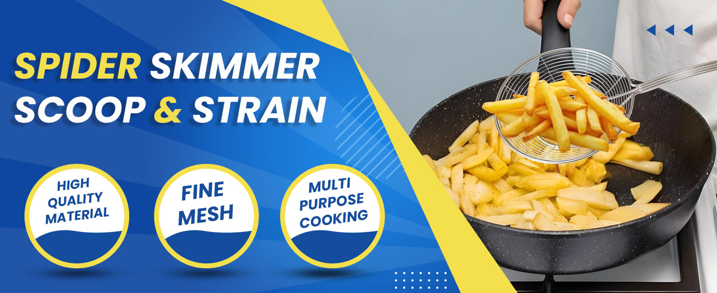 Stainless Steel Spider Strainer Skimmer Ladle Fryer for Cooking and Frying Kitchen Utensils Wire Strainer Scoop Pasta Strainer with Handle Deep Fry Skimmer Spoon