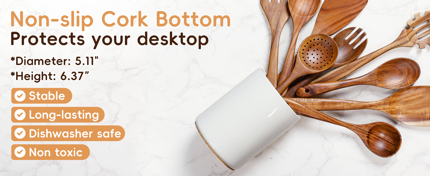 Nucookery Wooden Cooking Utensils Set with Holder, Nonstick Wooden Spoons for Cooking Spatula Set 10 Pcs, Teak Wood Kitchen Utensils Set, Ceramic Utensils Holder for Countertop, White