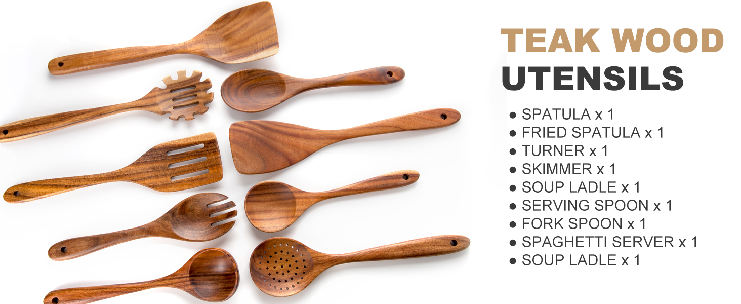 Nucookery Wooden Cooking Utensils Set with Holder, Nonstick Wooden Spoons for Cooking Spatula Set 10 Pcs, Teak Wood Kitchen Utensils Set, Ceramic Utensils Holder for Countertop, White
