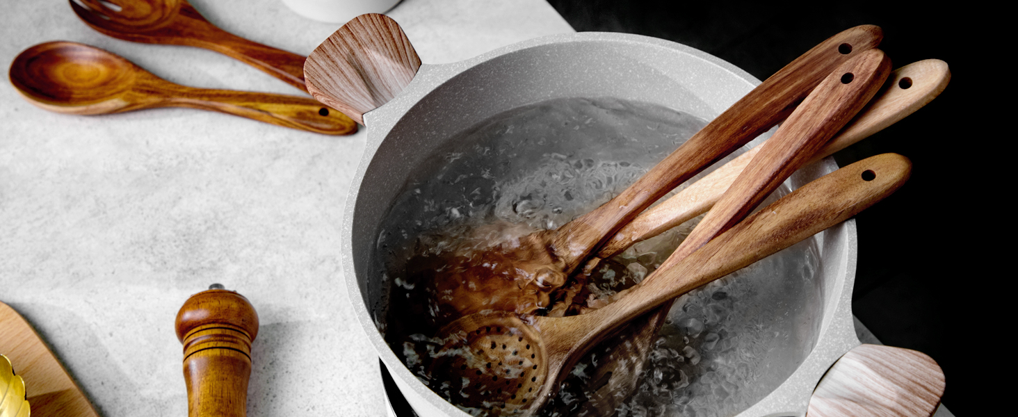 Nucookery Wooden Cooking Utensils Set with Holder, Nonstick Wooden Spoons for Cooking Spatula Set 10 Pcs, Teak Wood Kitchen Utensils Set, Ceramic Utensils Holder for Countertop, White