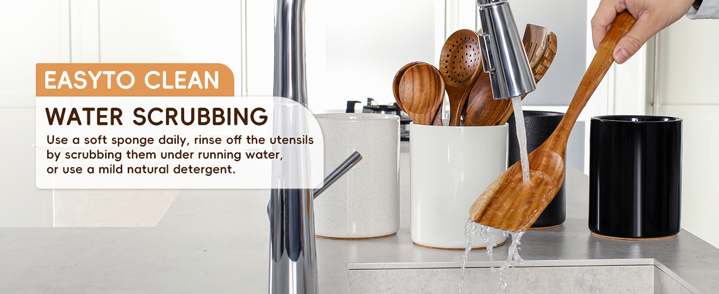 Nucookery Wooden Cooking Utensils Set with Holder, Nonstick Wooden Spoons for Cooking Spatula Set 10 Pcs, Teak Wood Kitchen Utensils Set, Ceramic Utensils Holder for Countertop, White