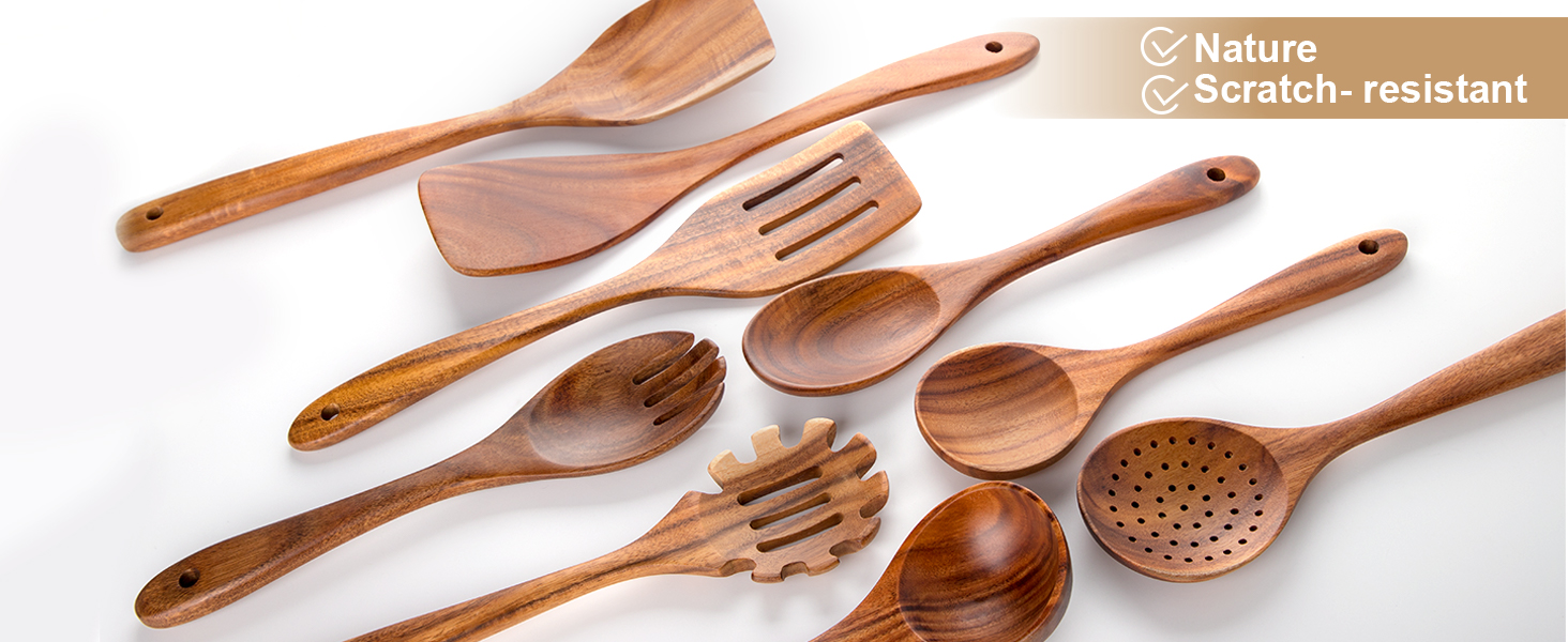 Nucookery Wooden Cooking Utensils Set with Holder, Nonstick Wooden Spoons for Cooking Spatula Set 10 Pcs, Teak Wood Kitchen Utensils Set, Ceramic Utensils Holder for Countertop, White