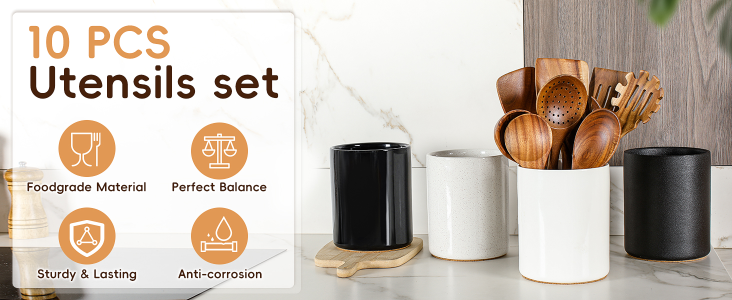 Nucookery Wooden Cooking Utensils Set with Holder, Nonstick Wooden Spoons for Cooking Spatula Set 10 Pcs, Teak Wood Kitchen Utensils Set, Ceramic Utensils Holder for Countertop, White