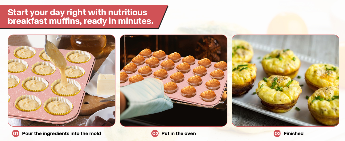 Spmart 2-Pack 24-Cup Nonstick Ceramic-Coated Mini Muffin Pan | Durable & Easy Clean Muffin Tins | Perfect for Small Baked Goods & Party Treats (Pink)