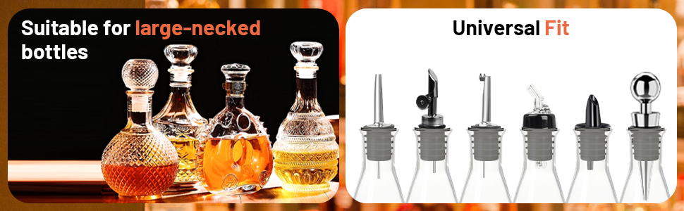3 Pack Stainless Steel Liquor Pour Spouts, Classic Bottle Pourers with 6 Caps, 3 Adapters for Large Neck Bottles, Also for Olive Oil, Juices and Syrups