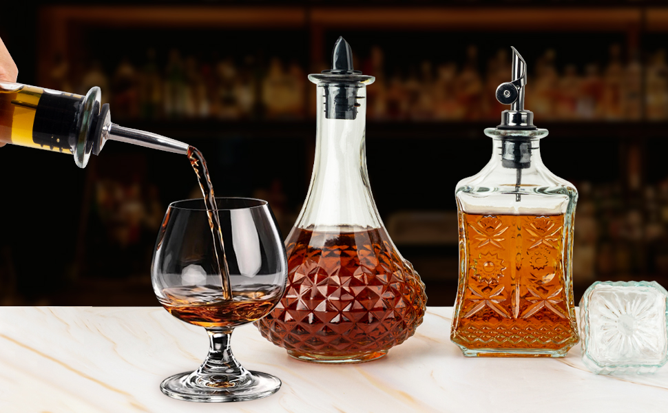 3 Pack Stainless Steel Liquor Pour Spouts, Classic Bottle Pourers with 6 Caps, 3 Adapters for Large Neck Bottles, Also for Olive Oil, Juices and Syrups