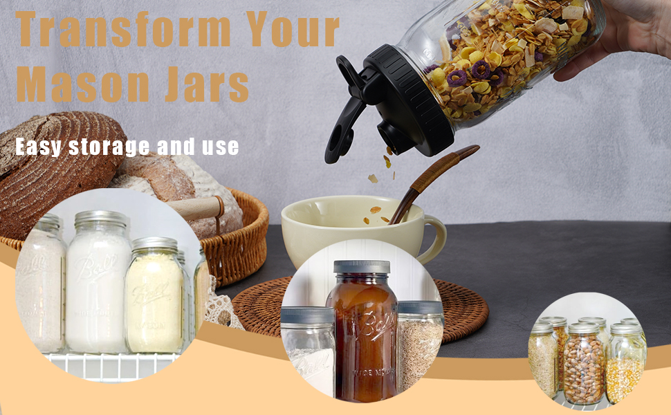 Pour Spout Lids for Ball Regular Mouth Mason Jars, Airtight Canning Jar Flip Cap Top Lid for Drinking, Salad, Dressing Pouring, Leak-Proof, Black Pack of 4