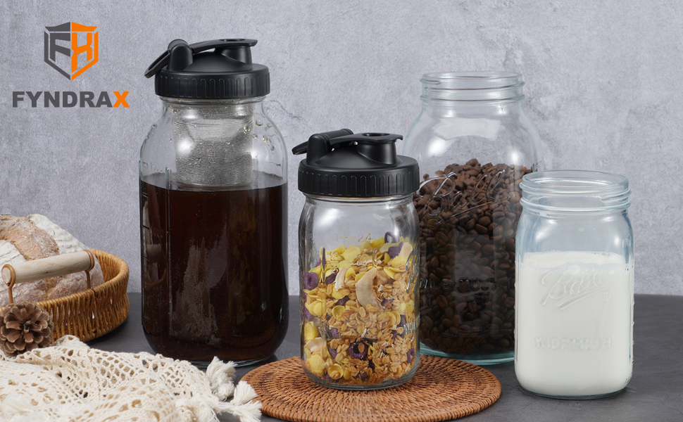 Pour Spout Lids for Ball Regular Mouth Mason Jars, Airtight Canning Jar Flip Cap Top Lid for Drinking, Salad, Dressing Pouring, Leak-Proof, Black Pack of 4