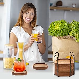 Cute Rustic Farmhouse Wooden Cup Coaster Set of 6 Cool Bar Drink Coasters with Holder Acacia Wood Coasters for Coffee Table Desk Decorative Outdoor Modern Coaster Home Decor Beverage Accessories Gift