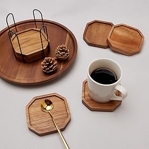 Cute Rustic Farmhouse Wooden Cup Coaster Set of 6 Cool Bar Drink Coasters with Holder Acacia Wood Coasters for Coffee Table Desk Decorative Outdoor Modern Coaster Home Decor Beverage Accessories Gift